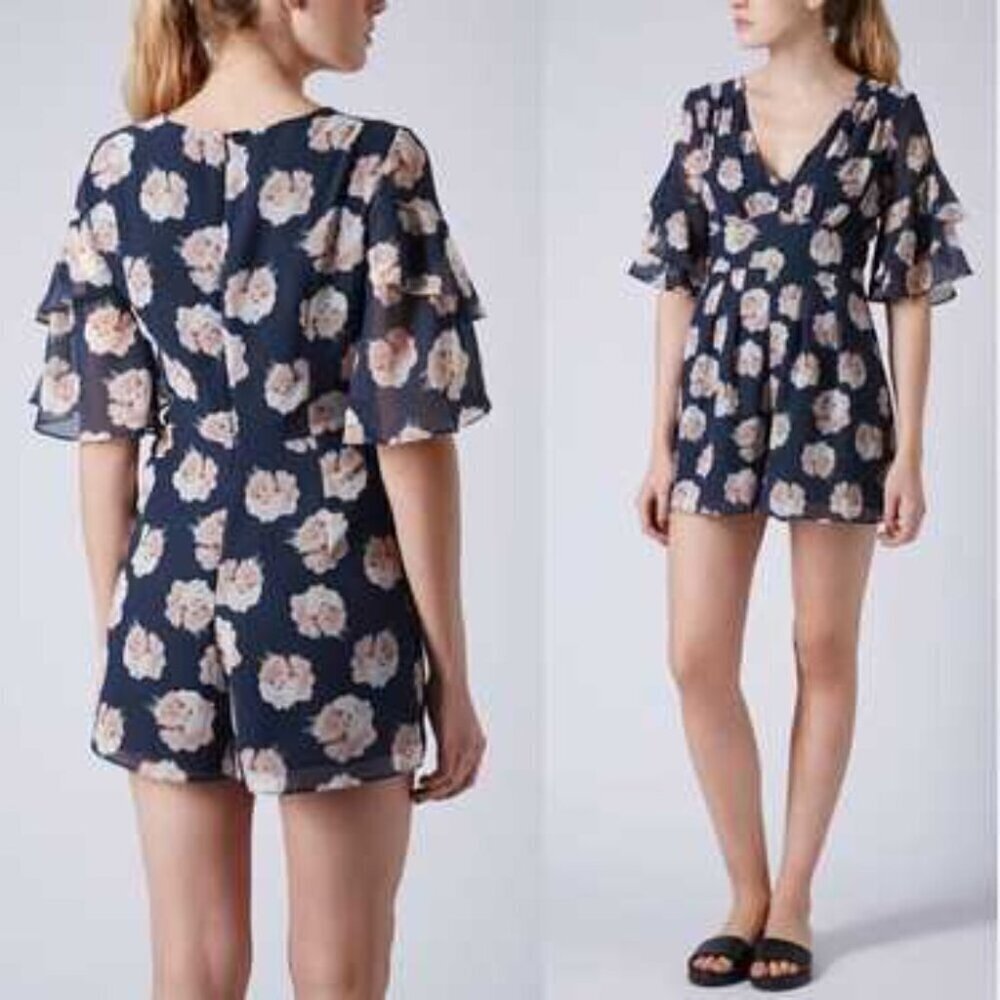 Topshop Womens 4 Ruffle Floral Chiffon Romper